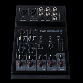 MIXER STRUMENTALE DAP AUDIO GIG-62 A 6 CANALI CON 2 INGRESSI STEREO E 2 MONO, INCLUDA ALIMENTAZIONE PHANTOM +48 V 